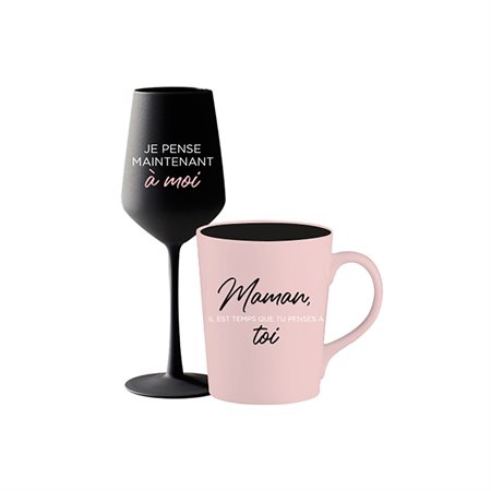 Black and pink “Maman” coffee cup and wine glass duo